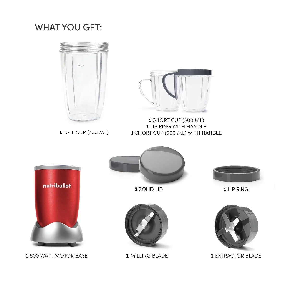Nutribullet, Blender 12-Piece Set 600 Watts 700ml, Red – NBR-1212R