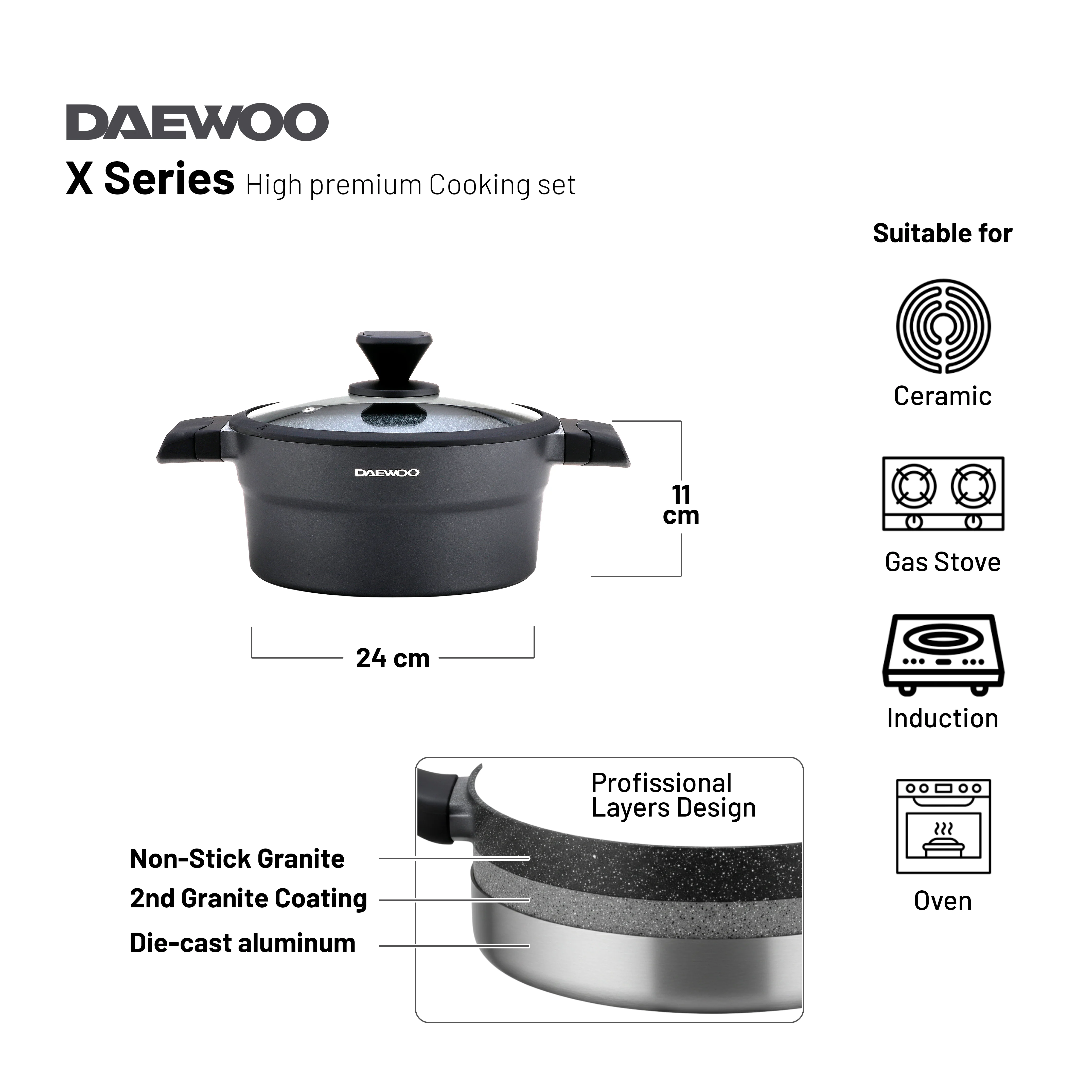 Daewoo Granite Casserole with Lid - 32 cm - Black