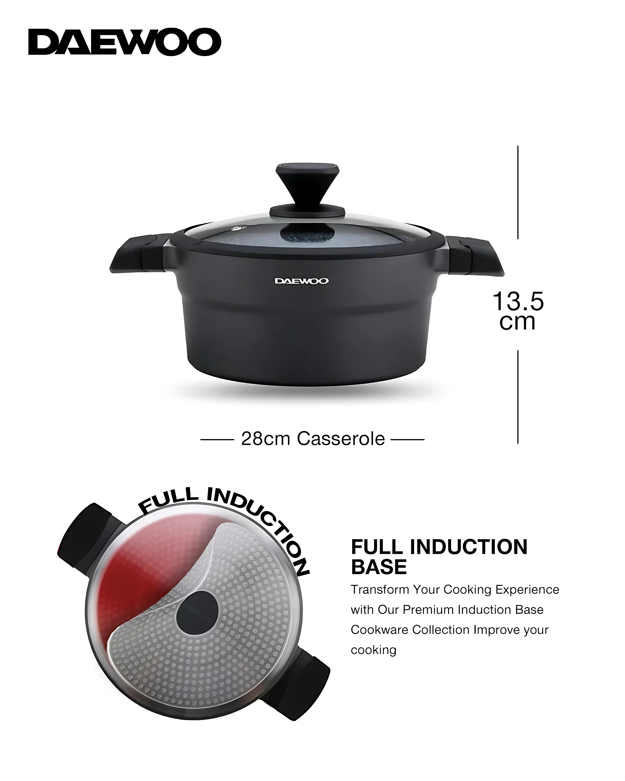 Daewoo Granite Casserole with Lid - 28 cm - Black