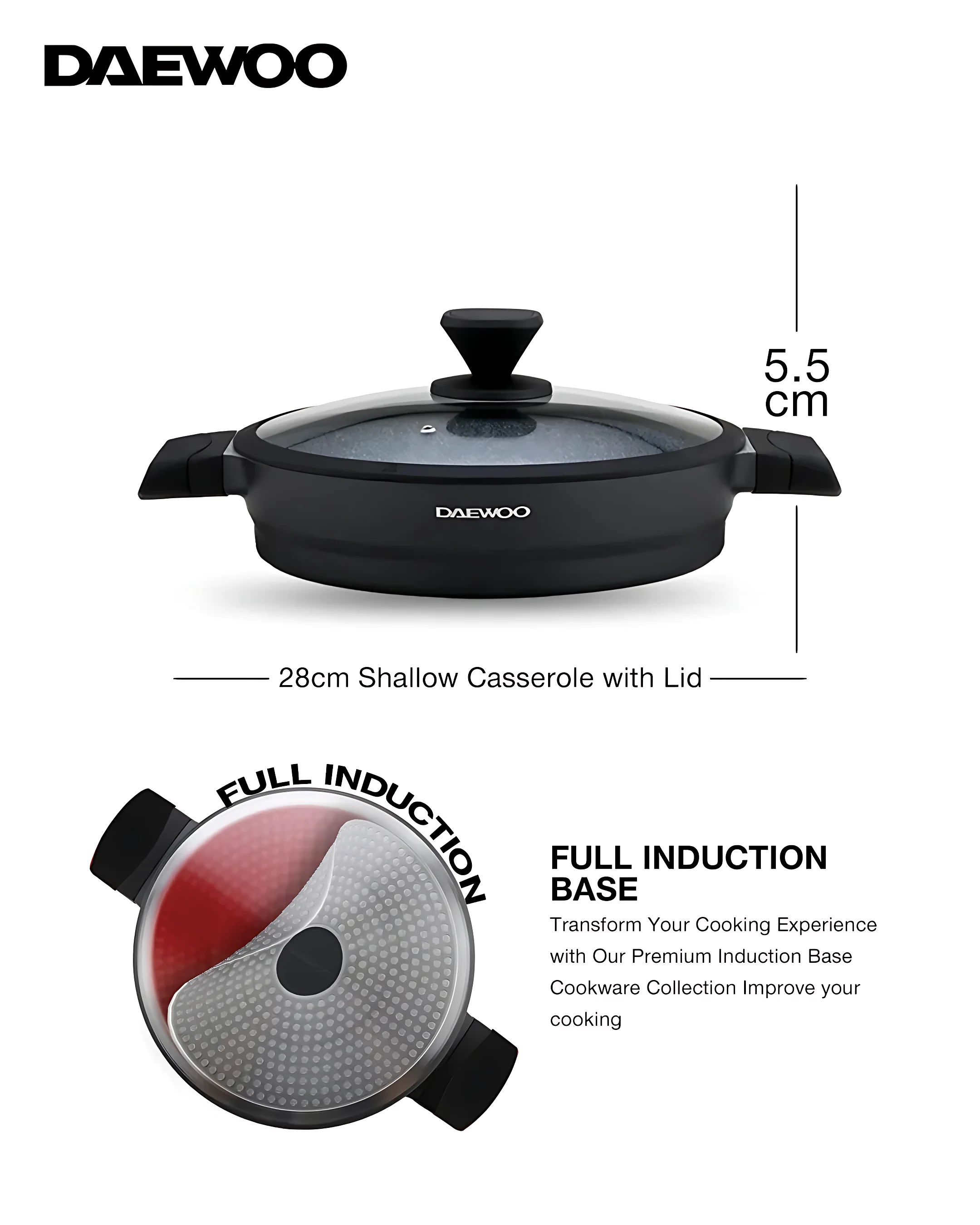 Daewoo 28 cm Shallow Granite Casserole with Lid - Black/Gray