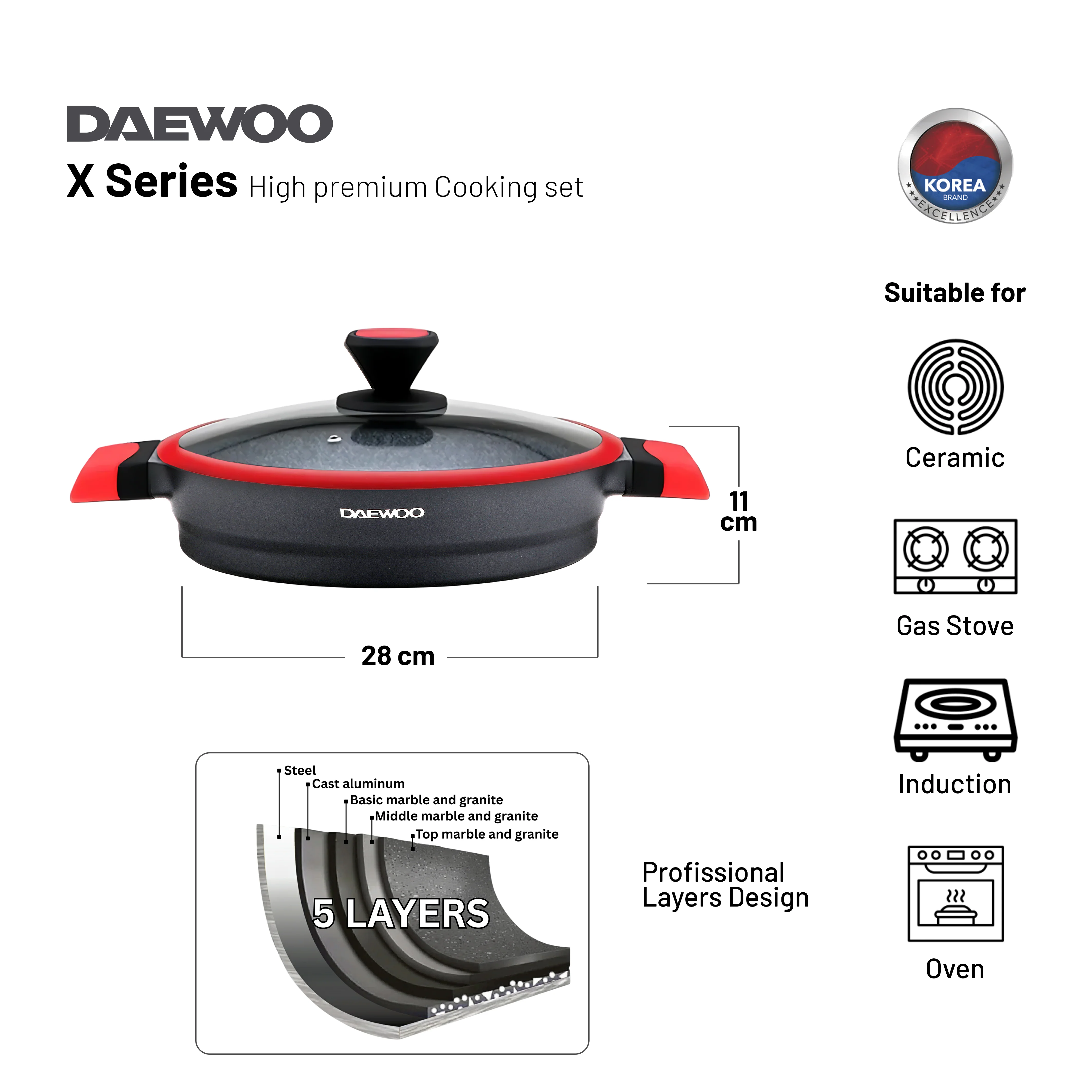 Daewoo 28 cm Shallow Granite Casserole with Lid - Red/Black