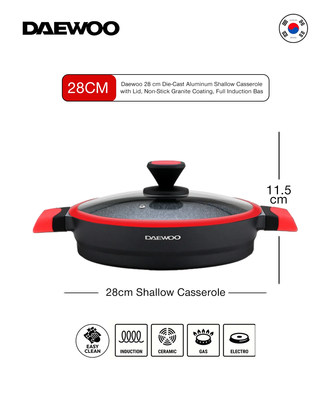 Daewoo 28 cm Shallow Granite Casserole with Lid - Red/Black