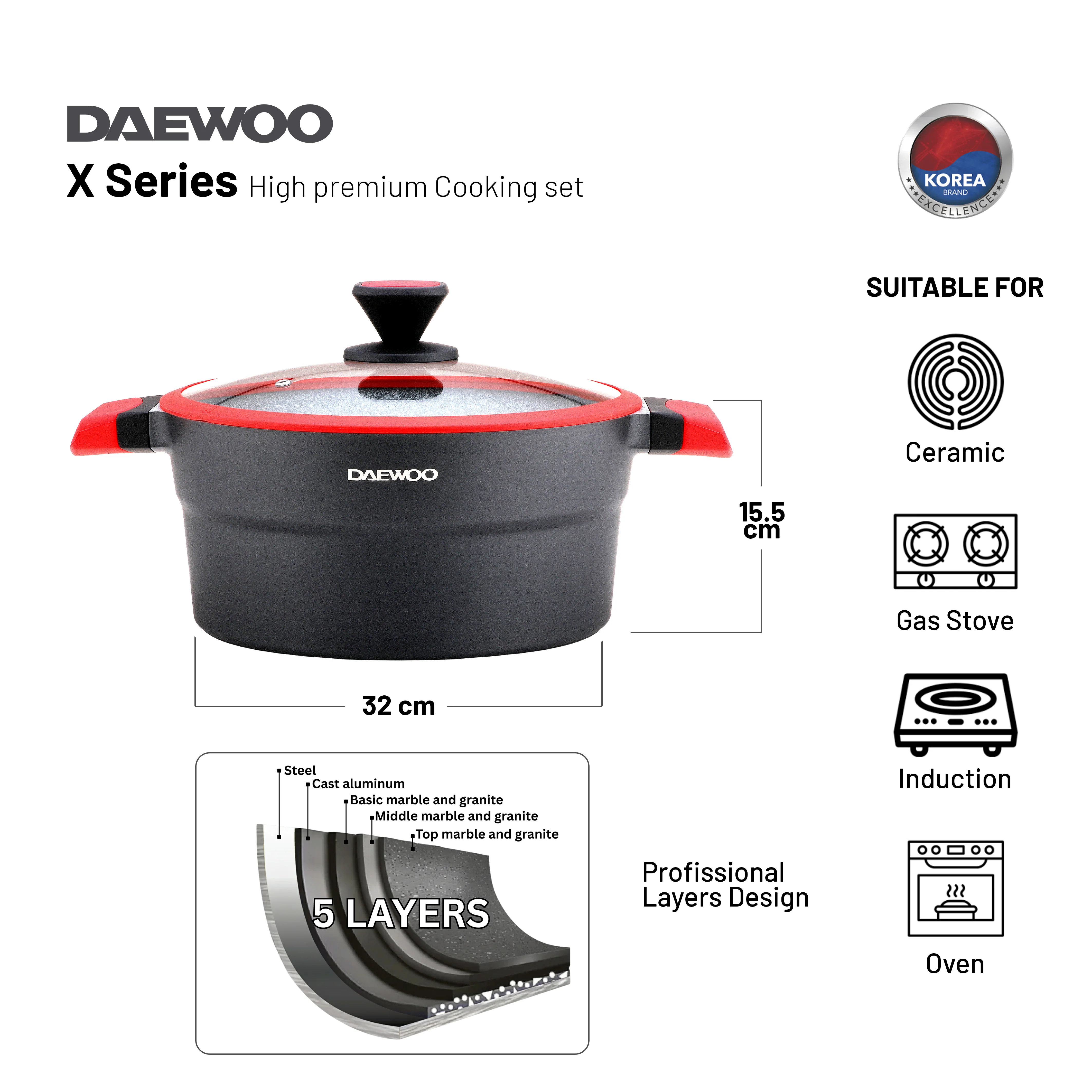 Daewoo 32 cm Pot X Series - Red/Black