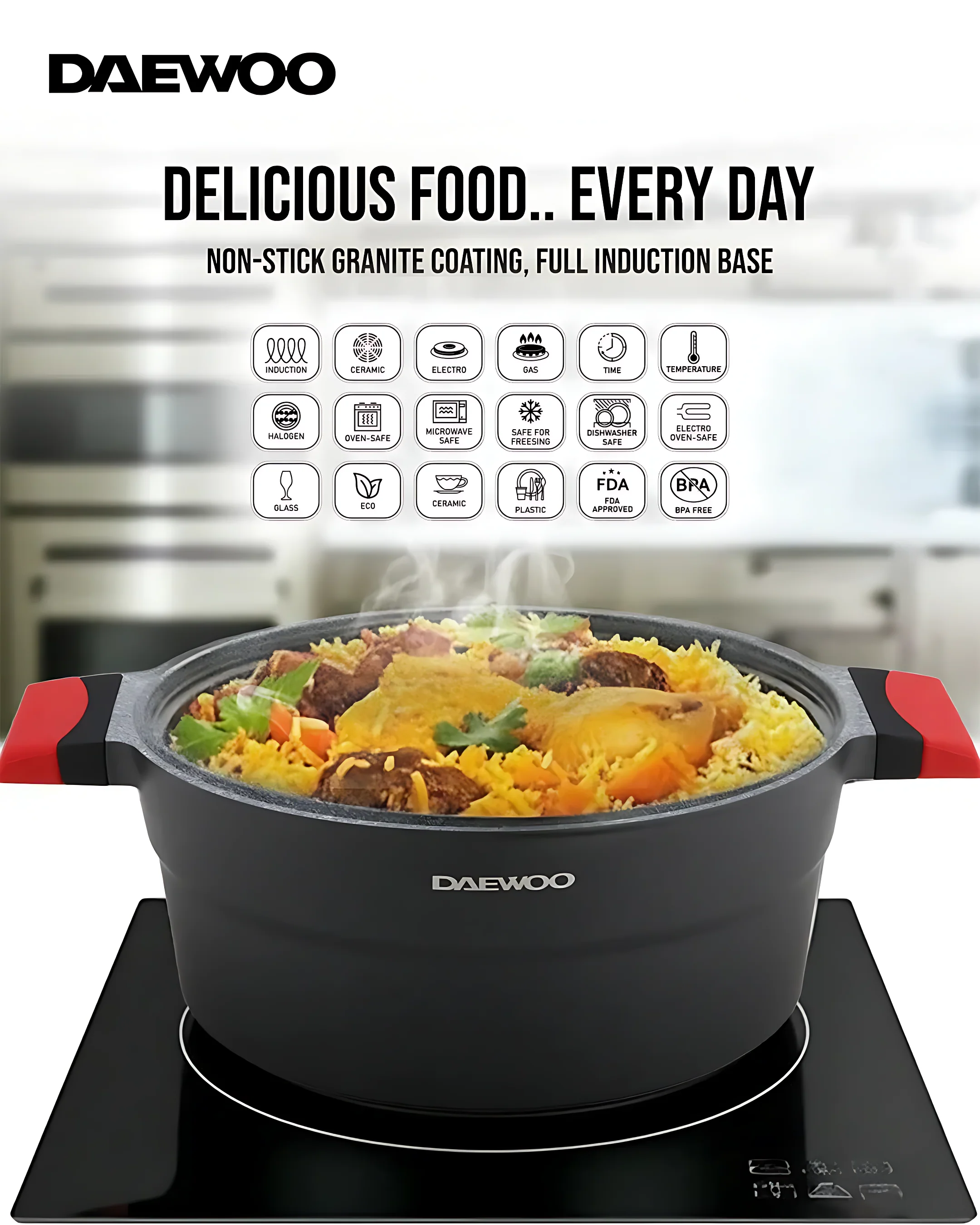 Daewoo Granite Casserole with Lid - 24 cm - Black