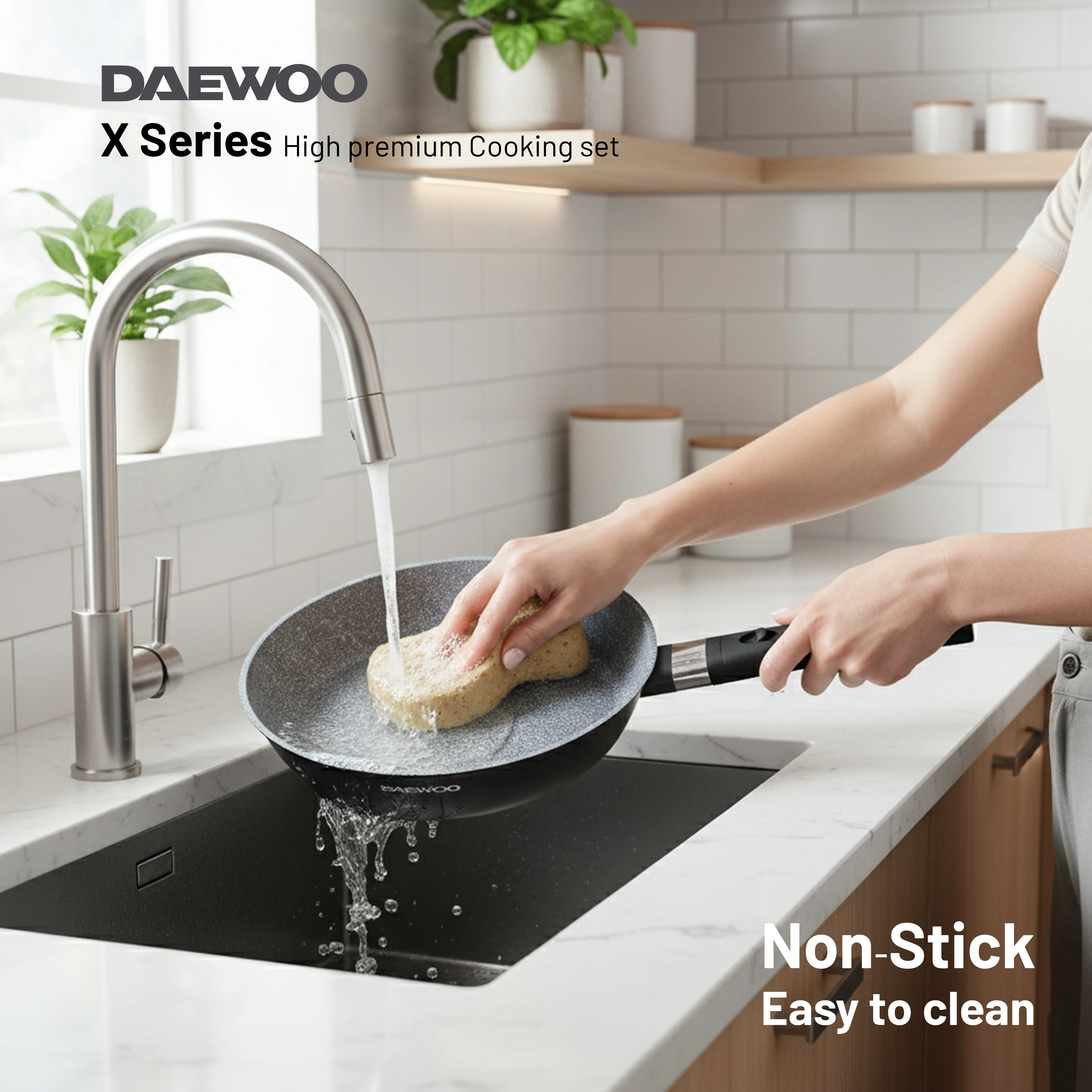 Daewoo X Series Non-Stick Granite Coating Cookware Set Of 11 pcs (32,28,24 cm Pot, 28 cm Pan, 28 cm  Casserole), 2 Pcs of Utensil Tools - Black