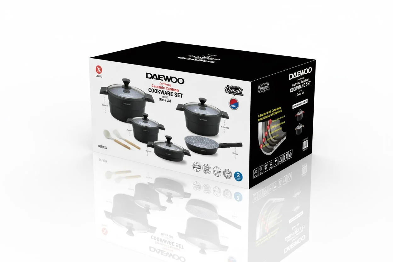 Daewoo X Series Non-Stick Granite Coating Cookware Set Of 11 pcs (32,28,24 cm Pot, 28 cm Pan, 28 cm  Casserole), 2 Pcs of Utensil Tools - Black