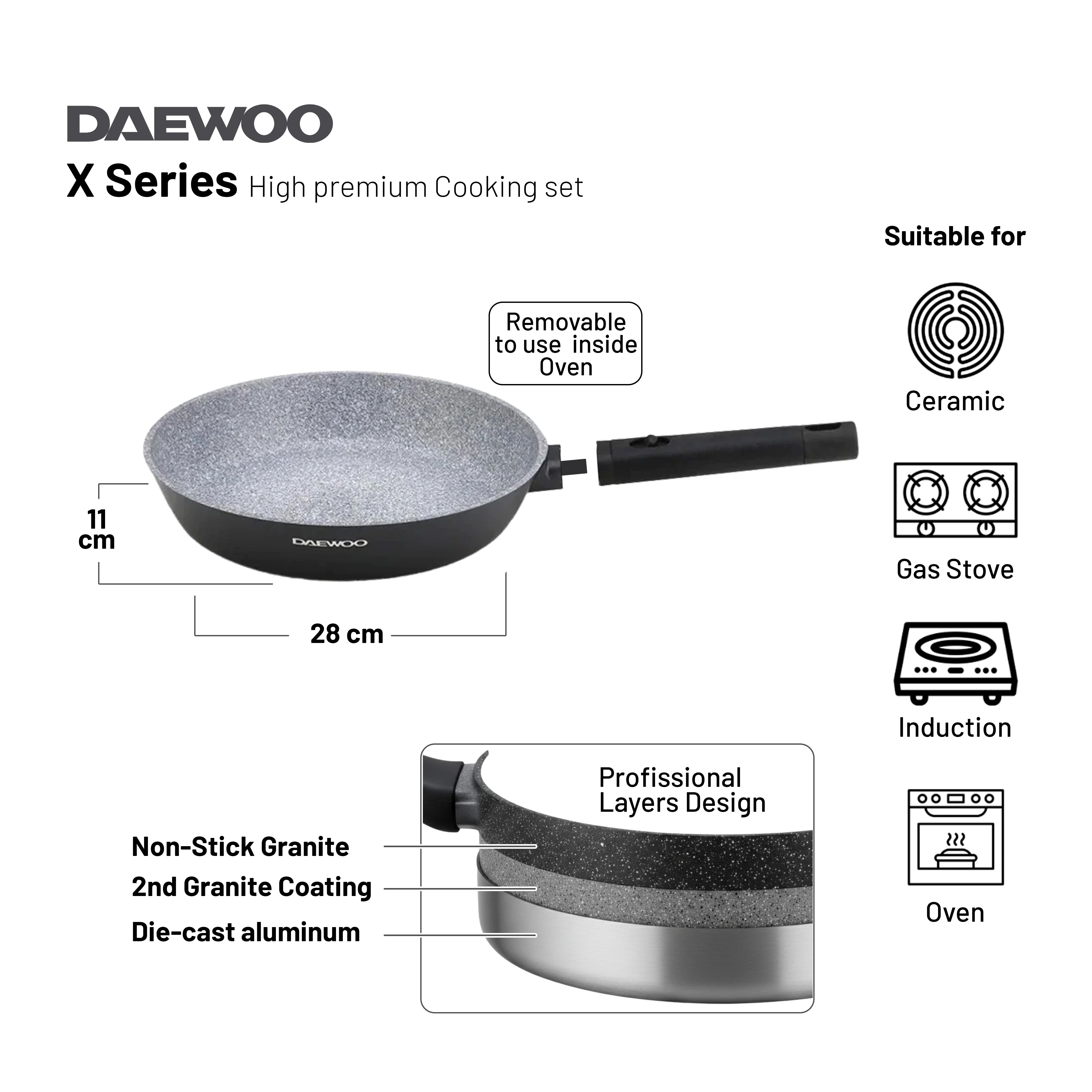 Daewoo X Series Non-Stick Granite Coating Cookware Set Of 11 pcs (32,28,24 cm Pot, 28 cm Pan, 28 cm  Casserole), 2 Pcs of Utensil Tools - Black