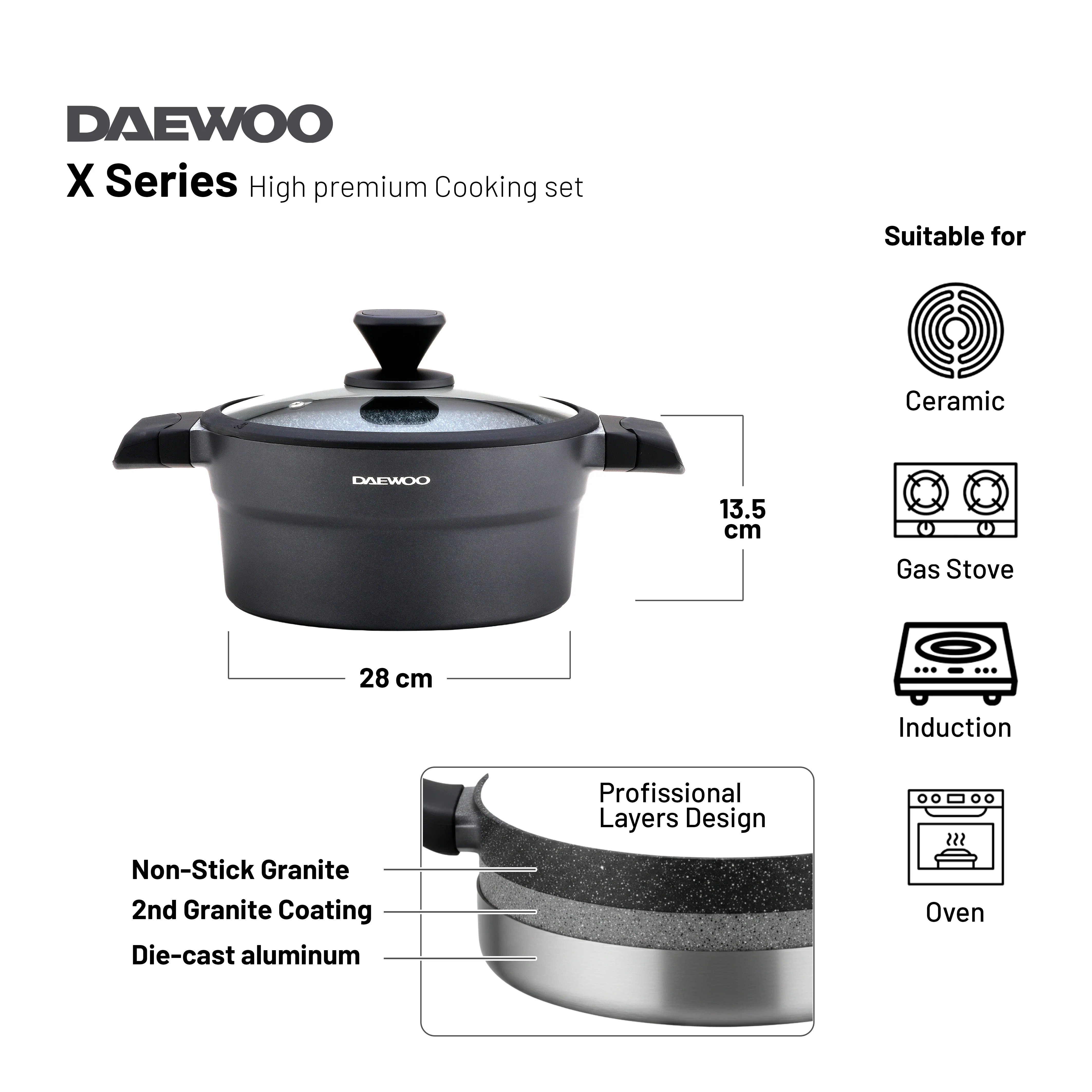 Daewoo X Series Non-Stick Granite Coating Cookware Set Of 11 pcs (32,28,24 cm Pot, 28 cm Pan, 28 cm  Casserole), 2 Pcs of Utensil Tools - Black