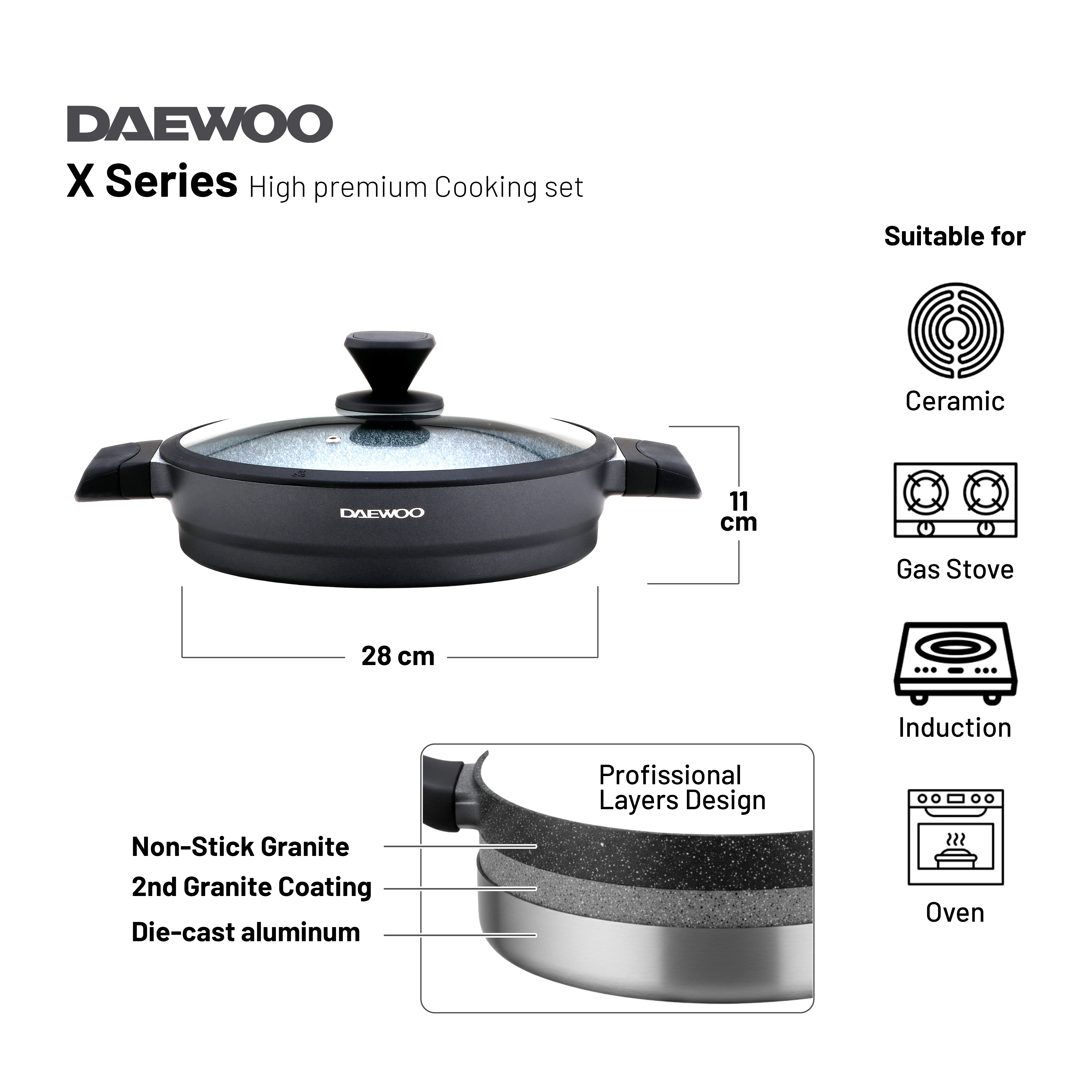 Daewoo X Series Non-Stick Granite Coating Cookware Set Of 11 pcs (32,28,24 cm Pot, 28 cm Pan, 28 cm  Casserole), 2 Pcs of Utensil Tools - Black