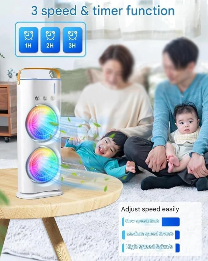 TB Mini Air Cooler Fan With Mist Spray Dual Fan Portable Adjustable Wind Speed