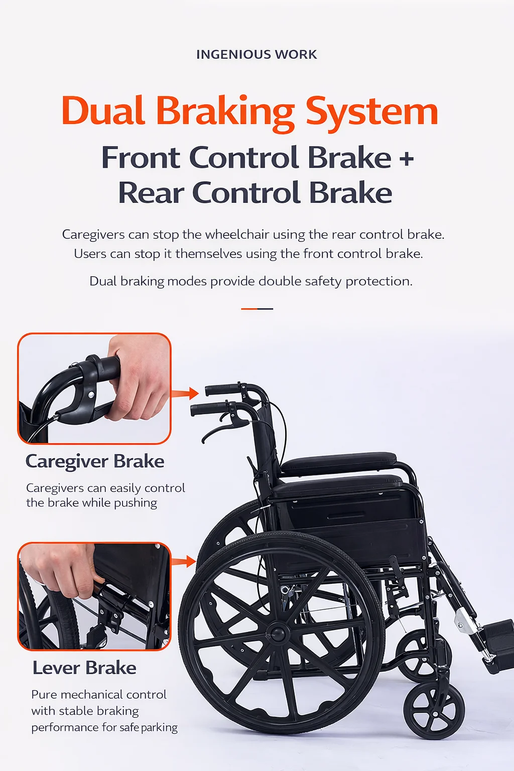 Premium Foldable Lightweight Wheelchair 15.5 Kg Carbon Steel Frame with Dual Braking System, Adjustable 90° Leg Rest, Compact Travel Portable Mobility Chair