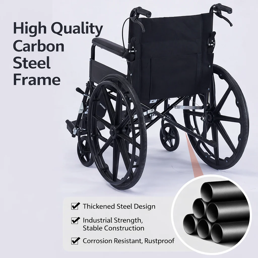 Premium Foldable Lightweight Wheelchair 15.5 Kg Carbon Steel Frame with Dual Braking System, Adjustable 90° Leg Rest, Compact Travel Portable Mobility Chair