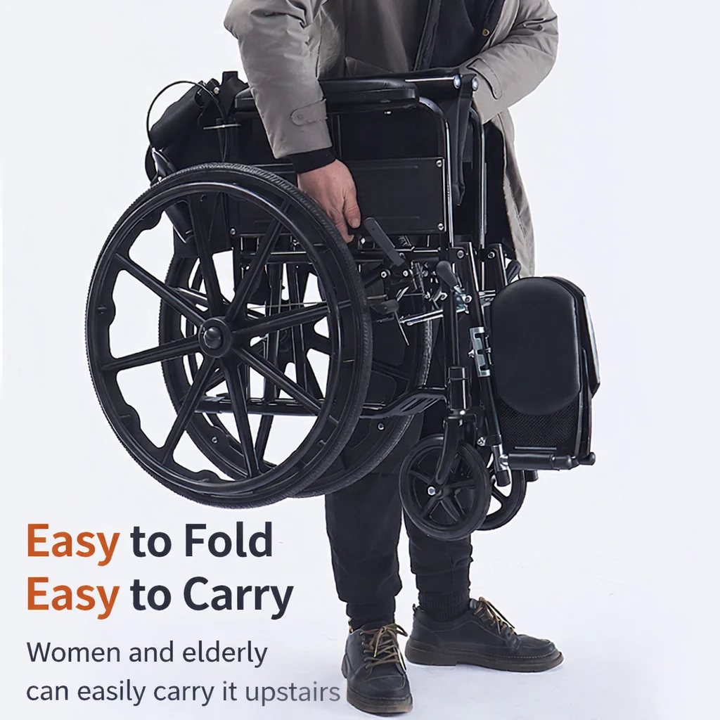 Premium Foldable Lightweight Wheelchair 15.5 Kg Carbon Steel Frame with Dual Braking System, Adjustable 90° Leg Rest, Compact Travel Portable Mobility Chair