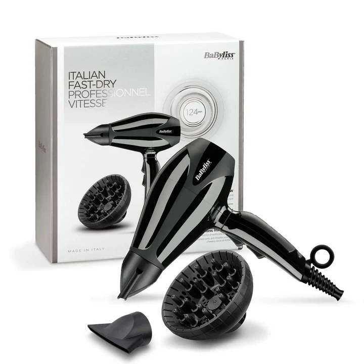 Babyliss Ac Dryer 2400W 2 Nozzles Ionic Black 124Km/H 2 Heat 2 Speed Cold Shot Frizz Control Diffuser