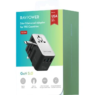 RAVPower RP-PC1061 GaN PD70W Travel charger with retractable C-C cable(Black)