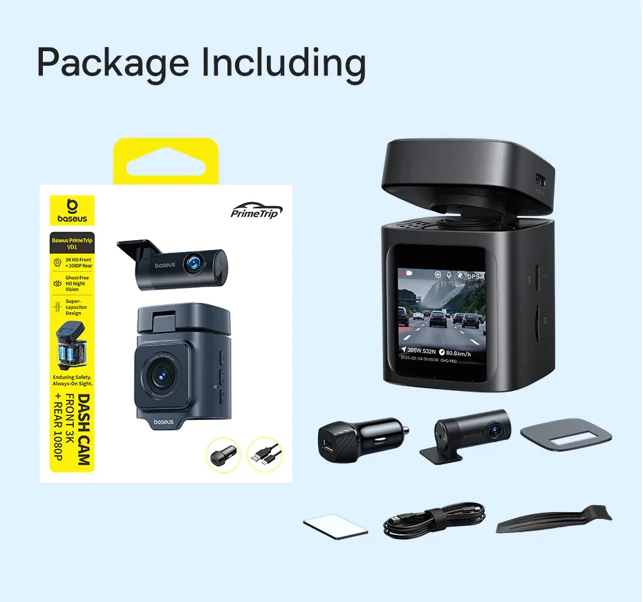 Baseus PrimeTrip VD1 Dash Cam Front 3K + Rear 1080p - Black