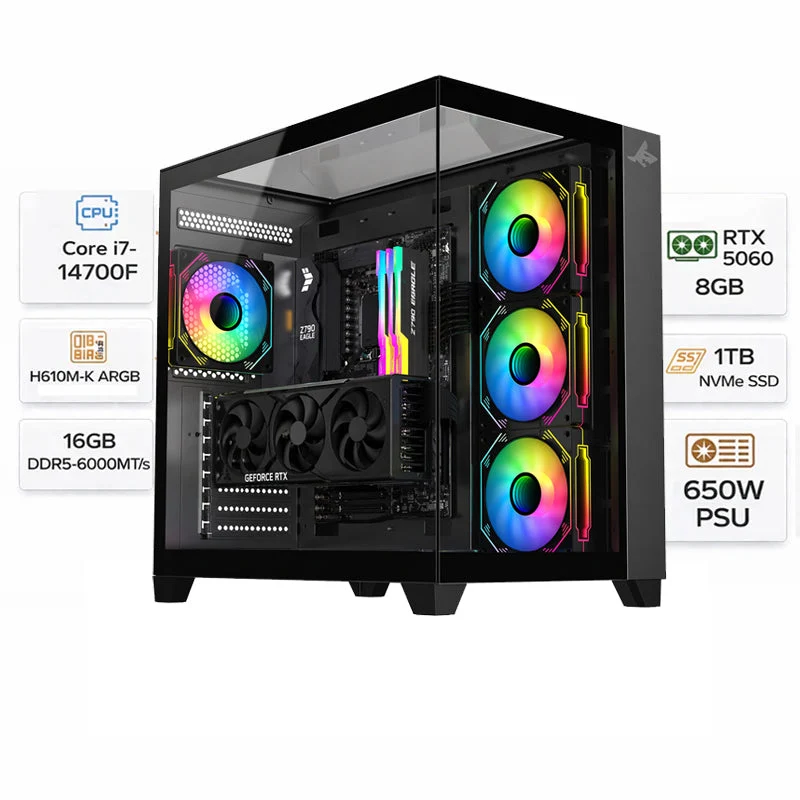 Custom Gaming Pc Intel Core I7-14700F, RTX 5060 8GB, 16GB RAM DDR5, 1TB NVMe SSD, Windows 11 Pro