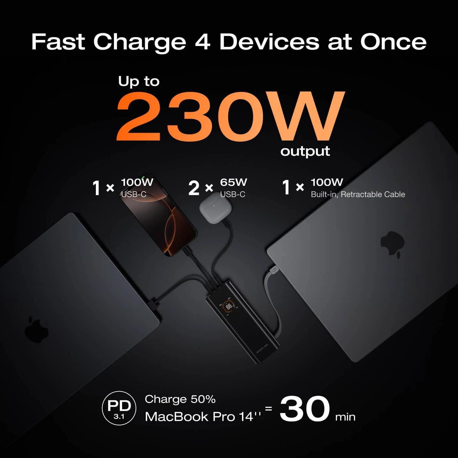EcoFlow RAPID Pro Power Bank (20,000mAh, 230W, 100W Built-in Cable) - Silver