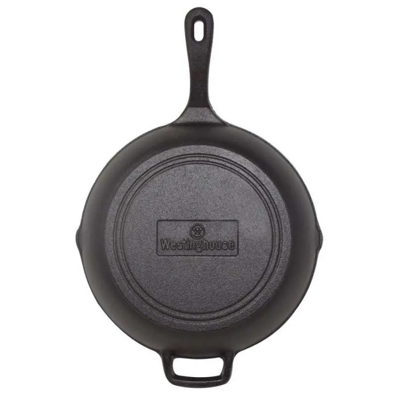 Westinghouse 12-Inch Pre-Seasoned Cast Iron Skillet with Helper Handle and Pour Spouts – Black