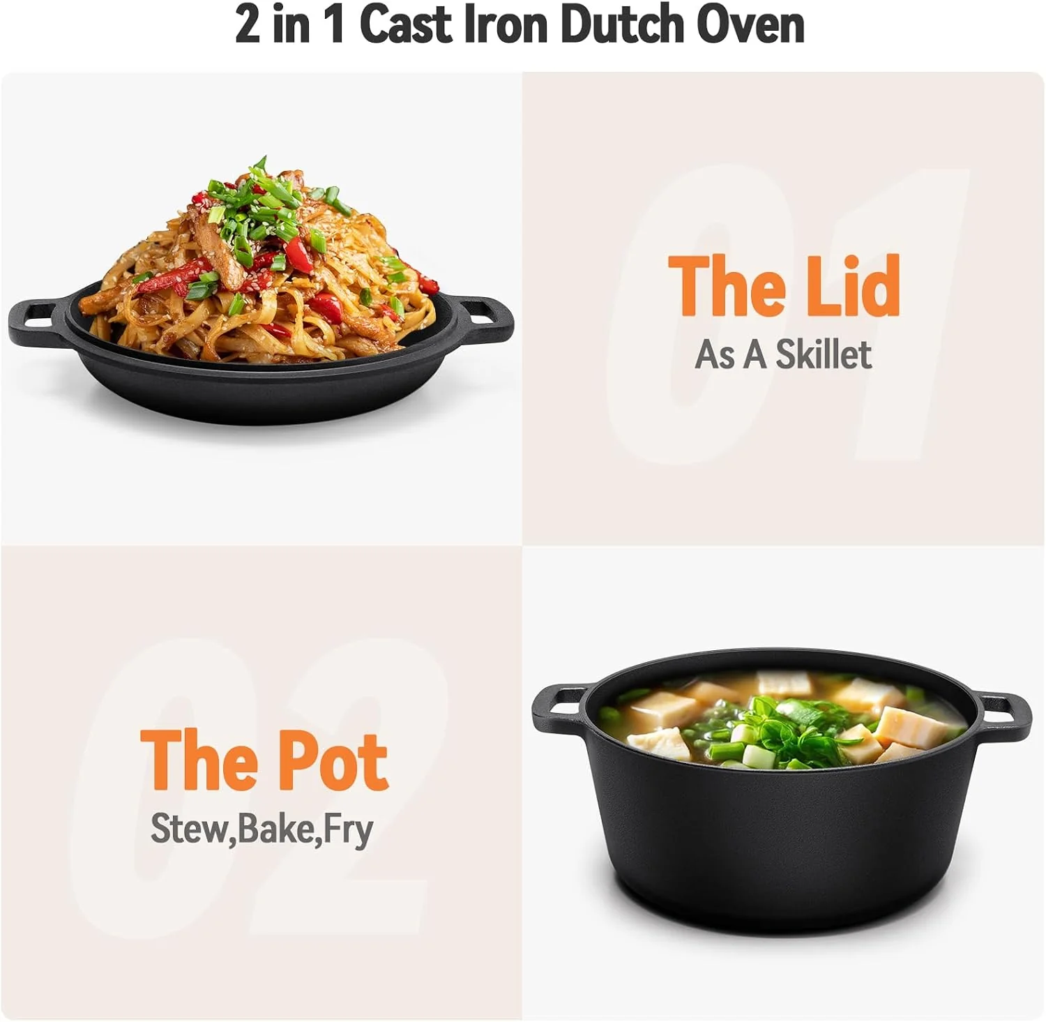 Westinghouse 5-Quart Pre-Seasoned Cast Iron Dutch Oven with 10.25-Inch Skillet Lid – Black