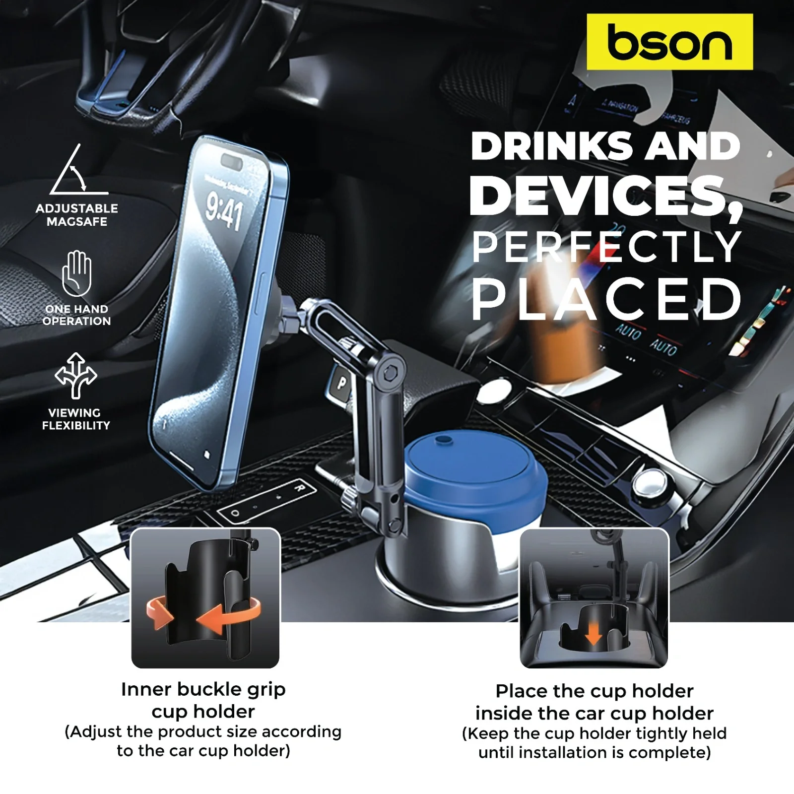 BSON MagSafe Phone Holder - 2-in-1 Adjustable Car Mount