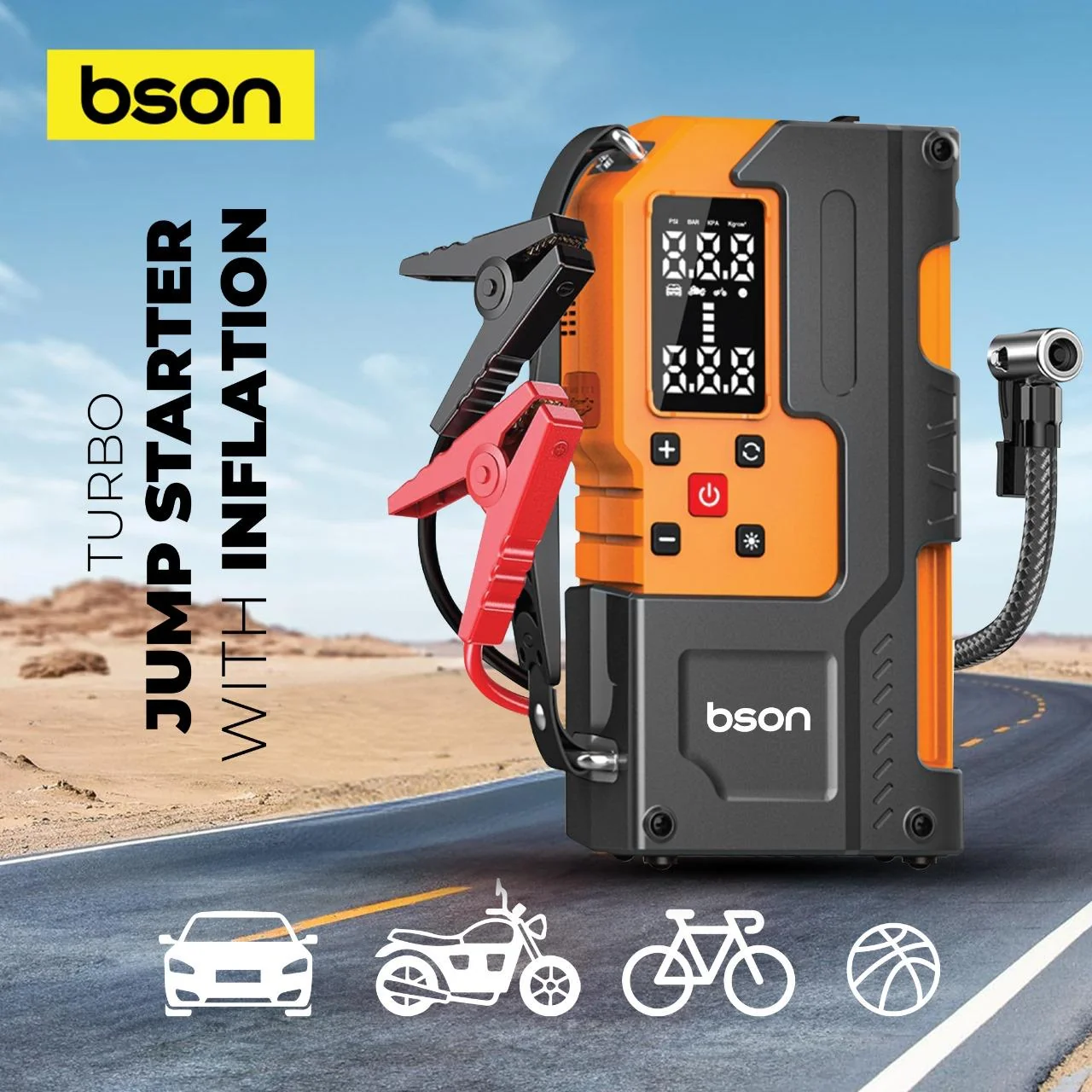 BSON Turbo Jump Starter with Air Inflator - 6-in-1 Emergency Kit