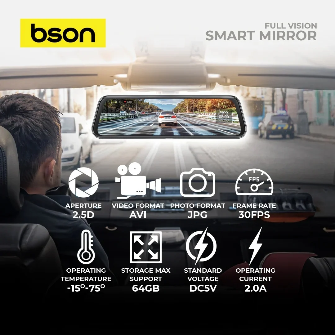 BSON Full Vision Smart Mirror - 2K Front, 1080P Rear Camera & Night Vision