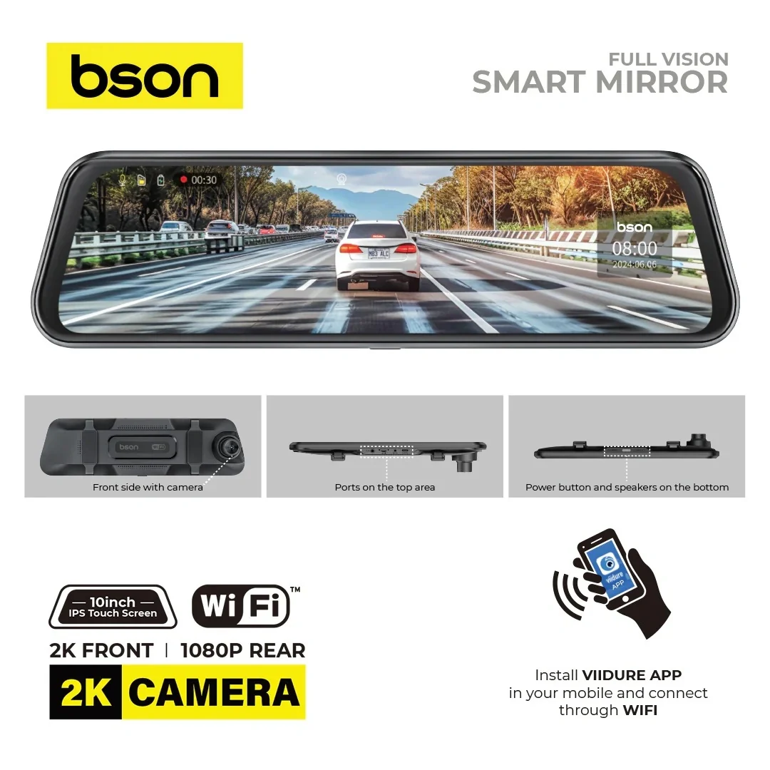 BSON Full Vision Smart Mirror - 2K Front, 1080P Rear Camera & Night Vision