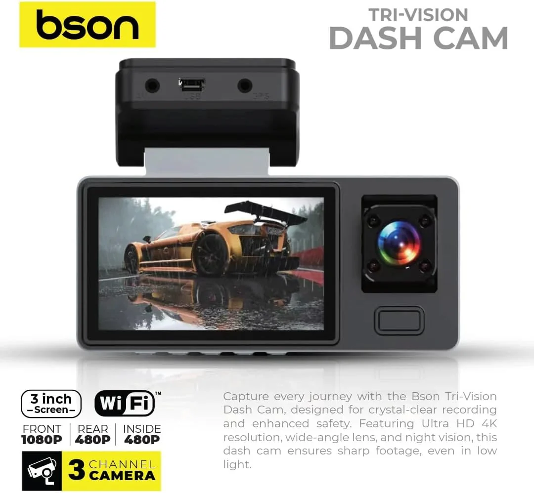 BSON Tri-Vision Dash Cam - 3-Channel with Night Vision & Built-In WiFi
