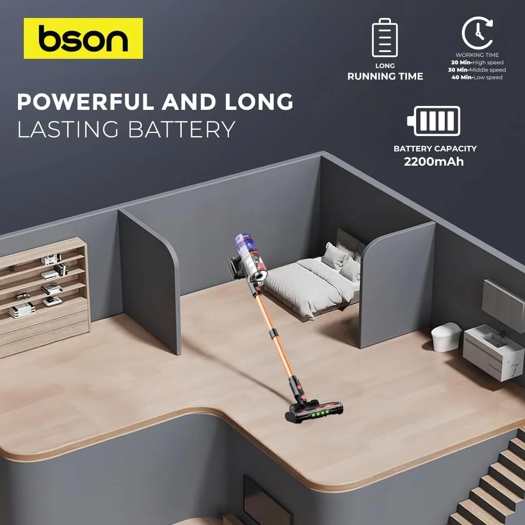 BSON Cordless Vacuum Cleaner - 35KPA Suction, Tangle-Free Roller Brush