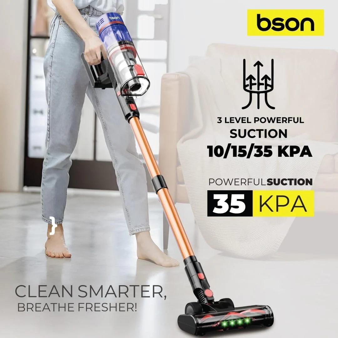 BSON Cordless Vacuum Cleaner - 35KPA Suction, Tangle-Free Roller Brush