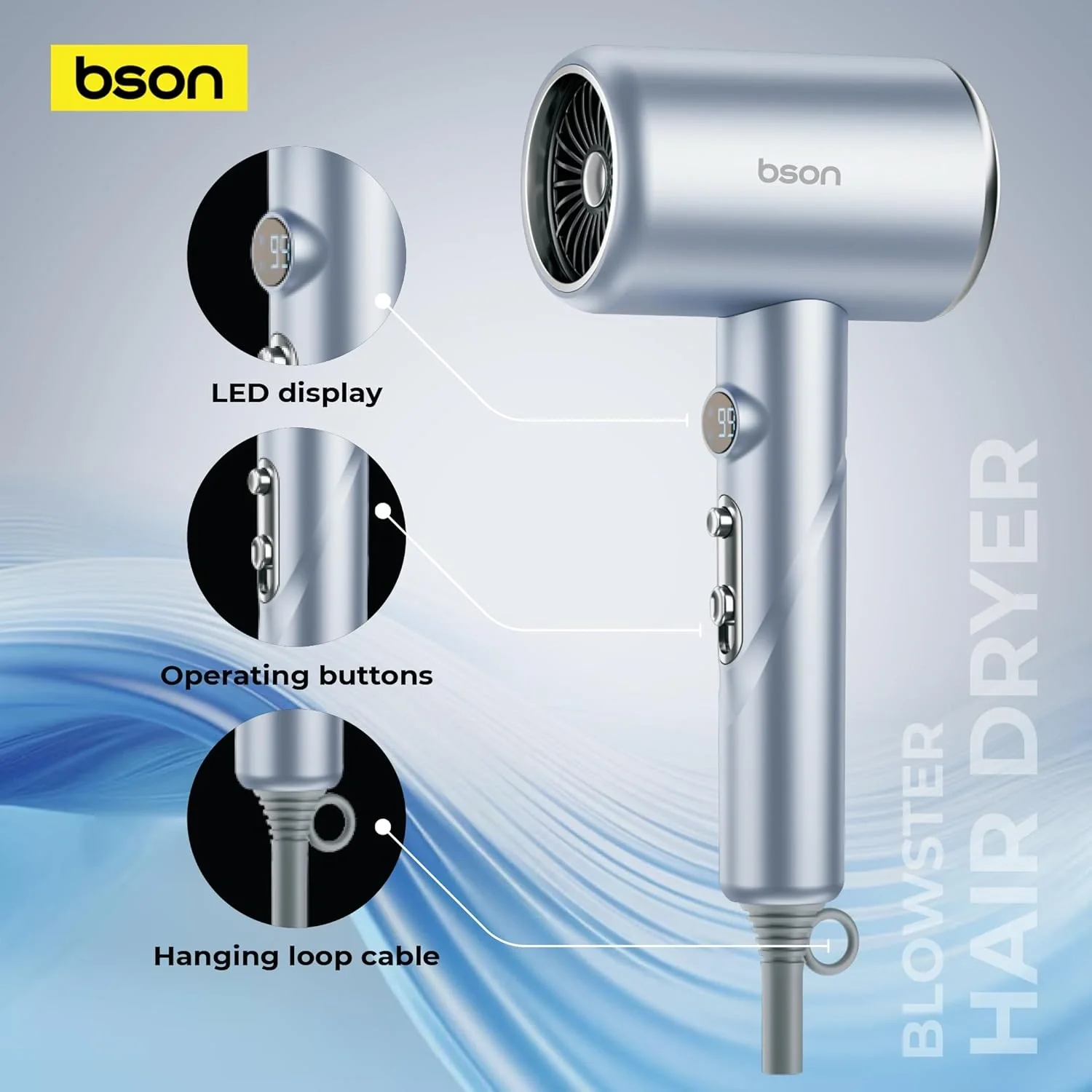 BSON Blowster Hair Dryer - 1800W with LCD Display & Overheat Protection