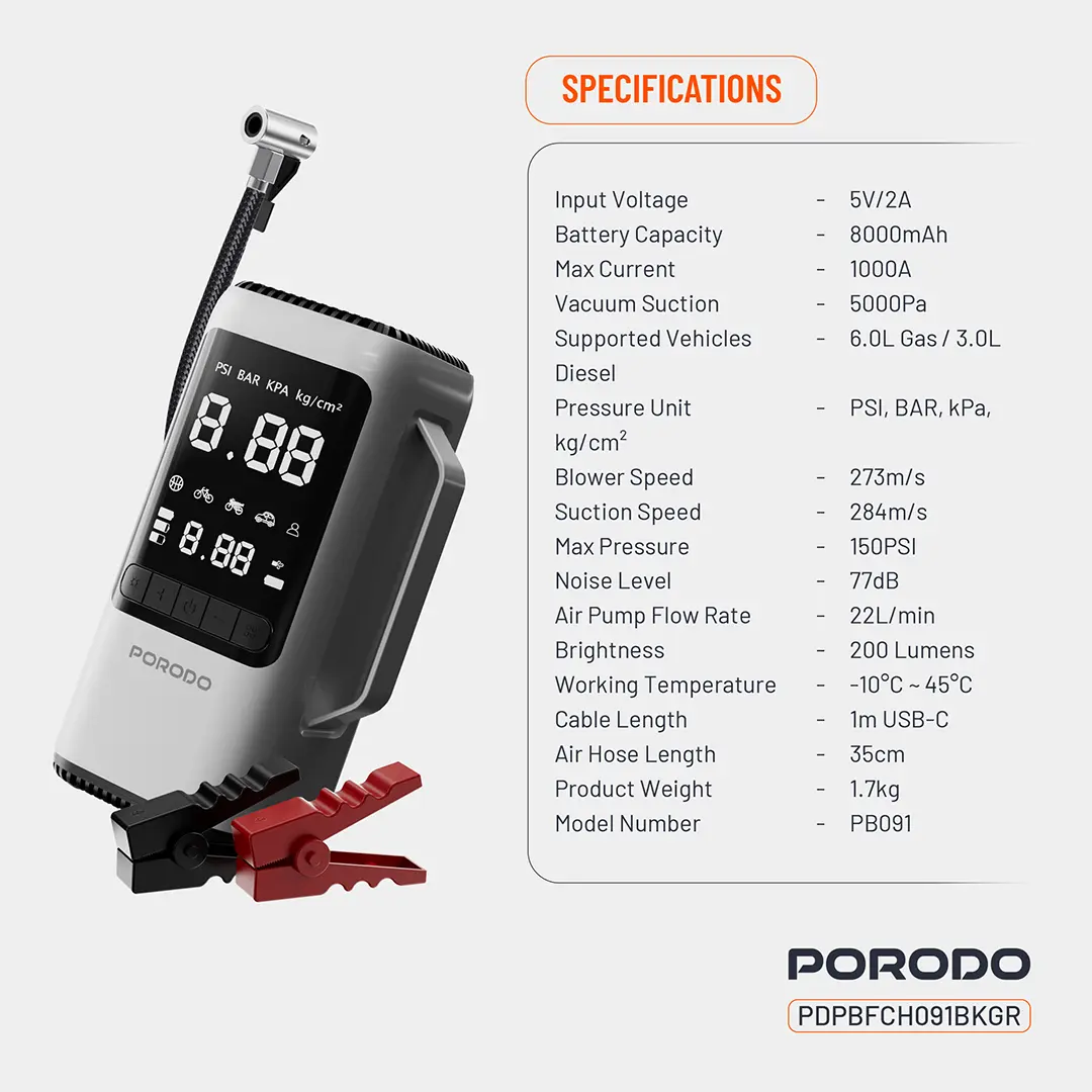 Porodo 6-in-1 Multi-Function Power Tool, Jump Starter, Air Compressor, Power Bank - Black Gray