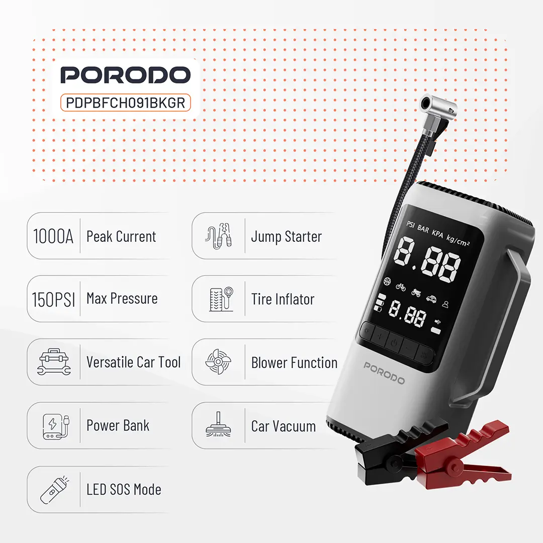 Porodo 6-in-1 Multi-Function Power Tool, Jump Starter, Air Compressor, Power Bank - Black Gray
