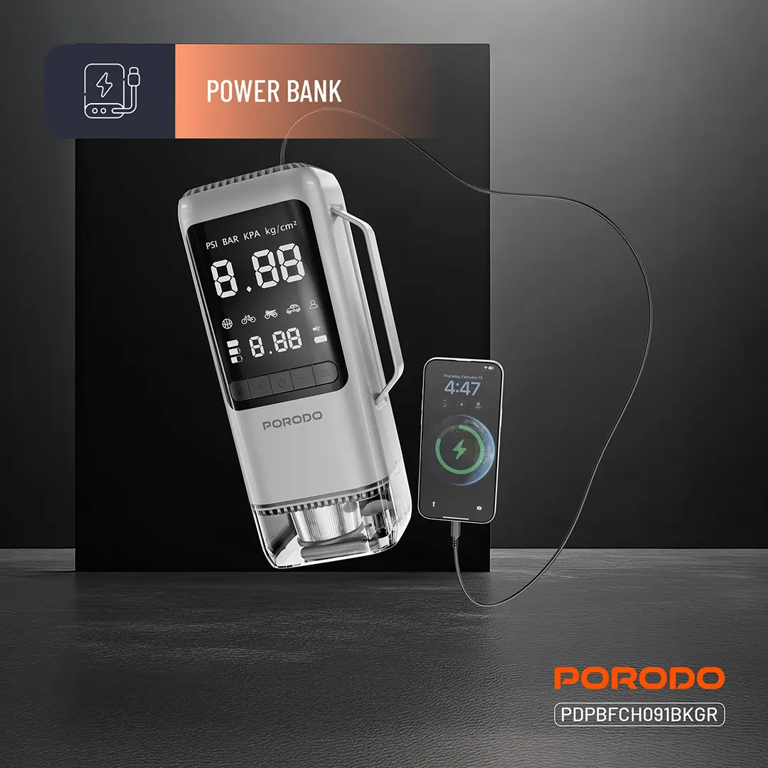 Porodo 6-in-1 Multi-Function Power Tool, Jump Starter, Air Compressor, Power Bank - Black Gray