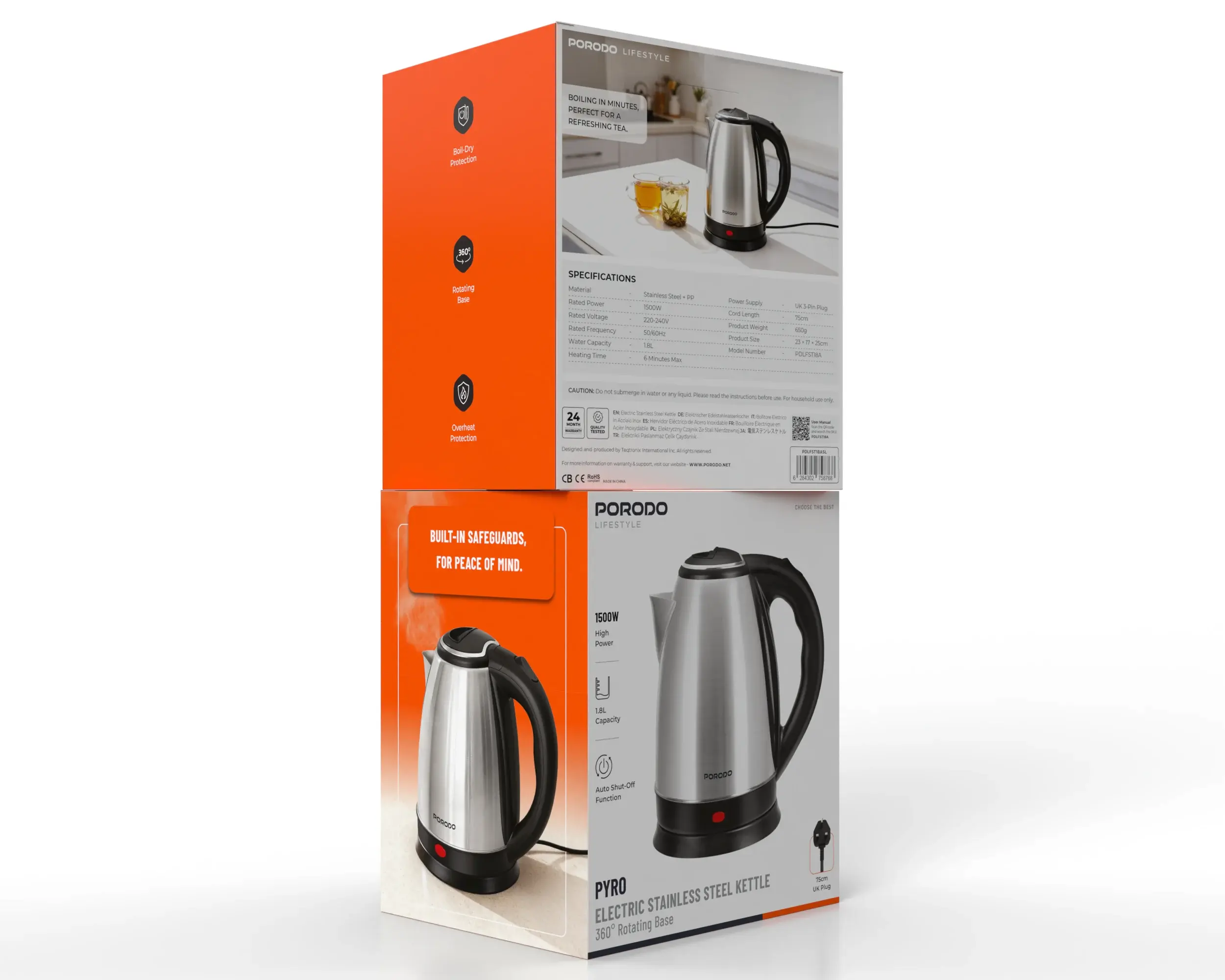 Porodo PYRO Electric Stainless Steel Kettle - Silver