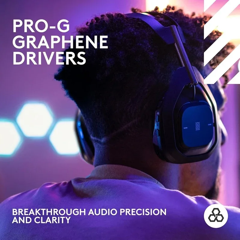 Gaming headset with Pro-G graphene drivers for audio precision, worn by gamer in purple-lit room