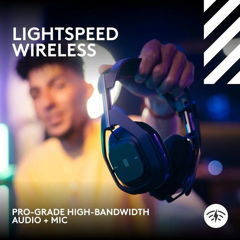 Lightspeed wireless gaming headset with pro-grade audio and mic, held in hand against glowing background