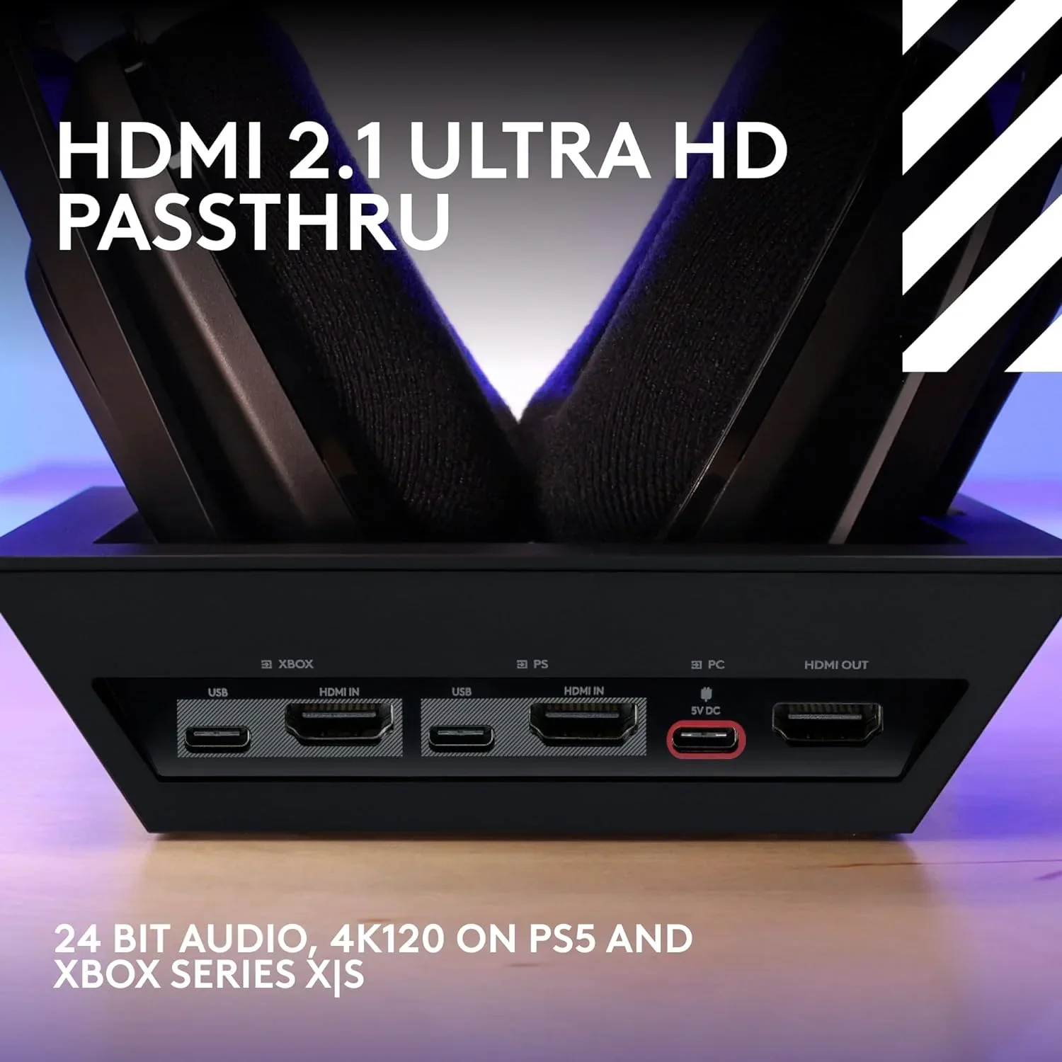 HDMI 2.1 Ultra HD Passthrough gaming hub with 4K120 support for PS5 and Xbox Series X|S, featuring USB and HDMI ports.