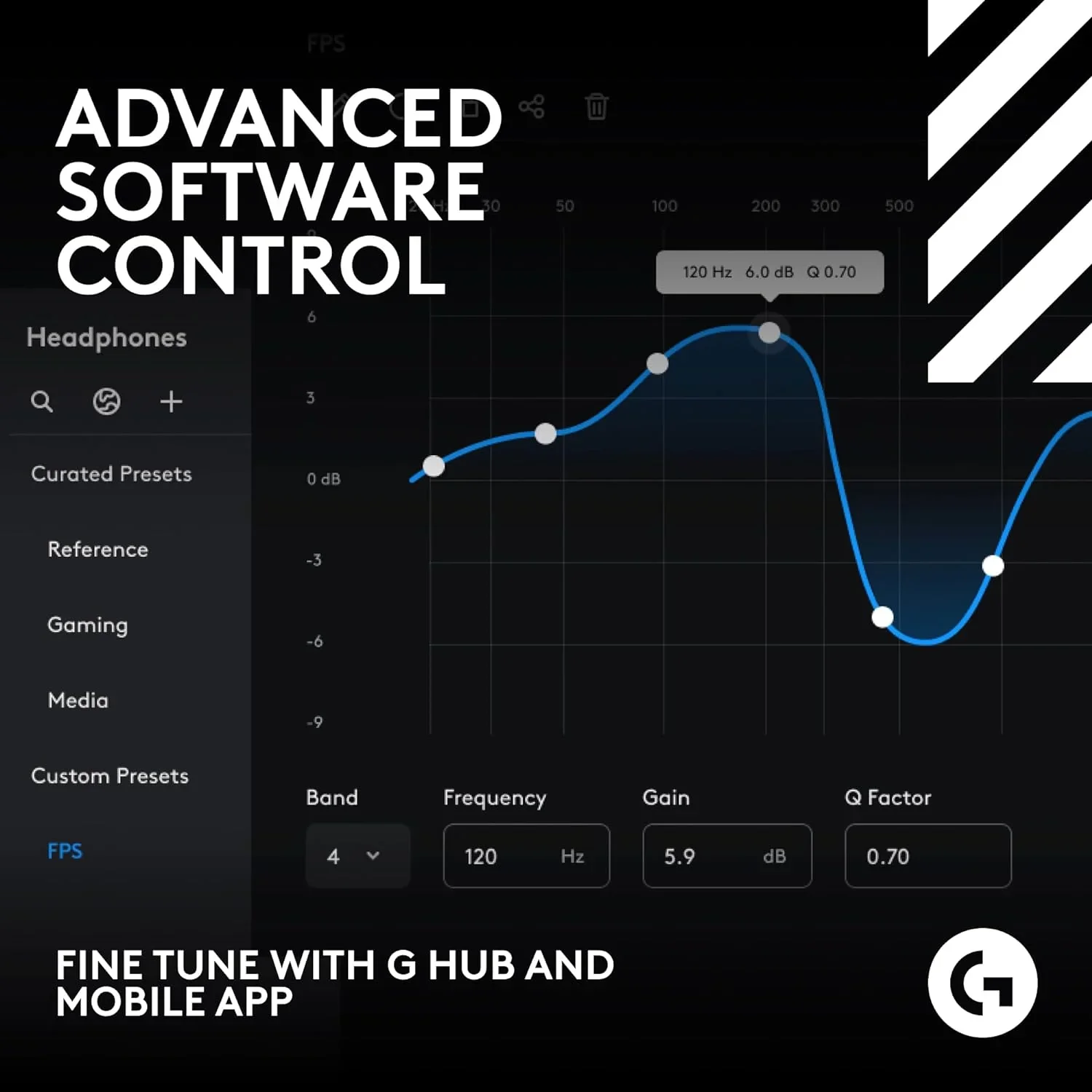 Advanced software control for gaming headphones with G Hub app fine-tuning, FPS preset, frequency & gain adjustment