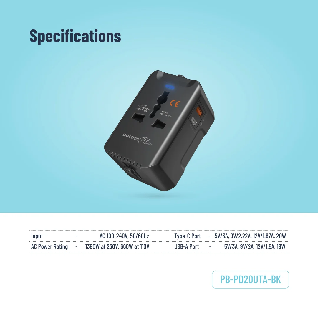Porodo Blue PD 20W Travel Adapter - Black