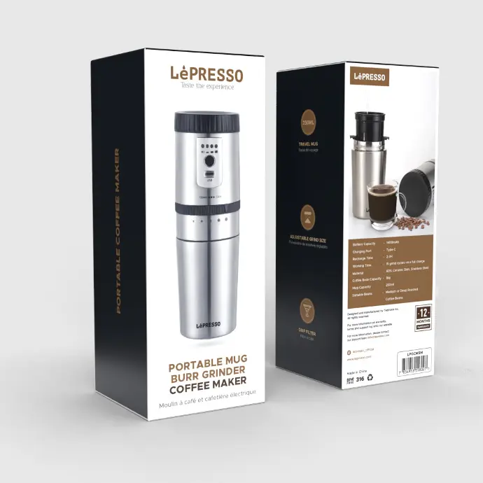 LePresso Portable Mug Burr Grinder Coffee Maker - Silver