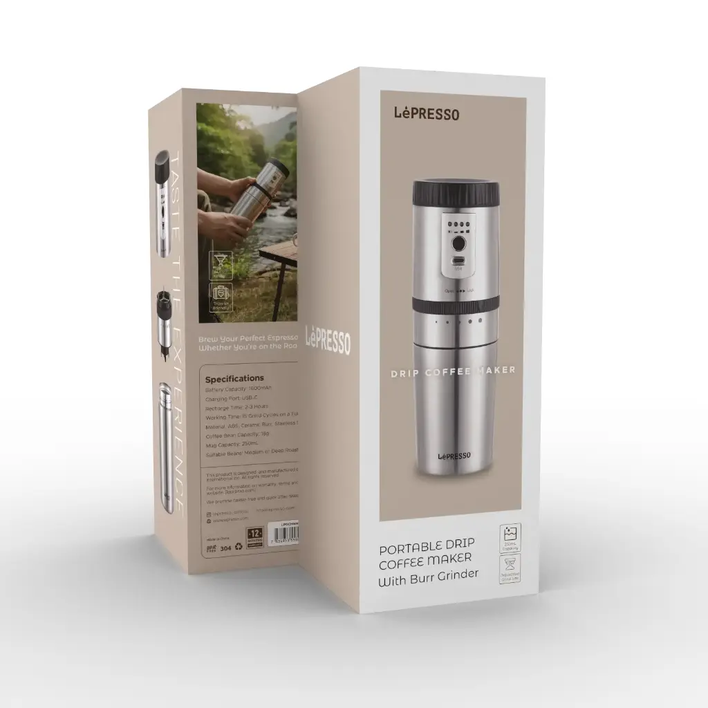 LePresso Portable Mug Burr Grinder Coffee Maker - Silver
