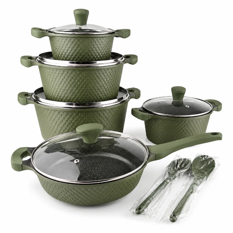 OSFE 12 PCS Aluminum Nonstick Granite Cookware Set (32, 28, 24, 20 cm Pots, 28 cm Pan with 2 Pcs of Utensil Tools) - Green