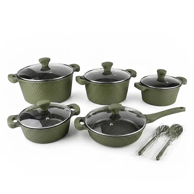 OSFE 12 PCS Aluminum Nonstick Granite Cookware Set (32, 28, 24, 20 cm Pots, 28 cm Pan with 2 Pcs of Utensil Tools) - Green
