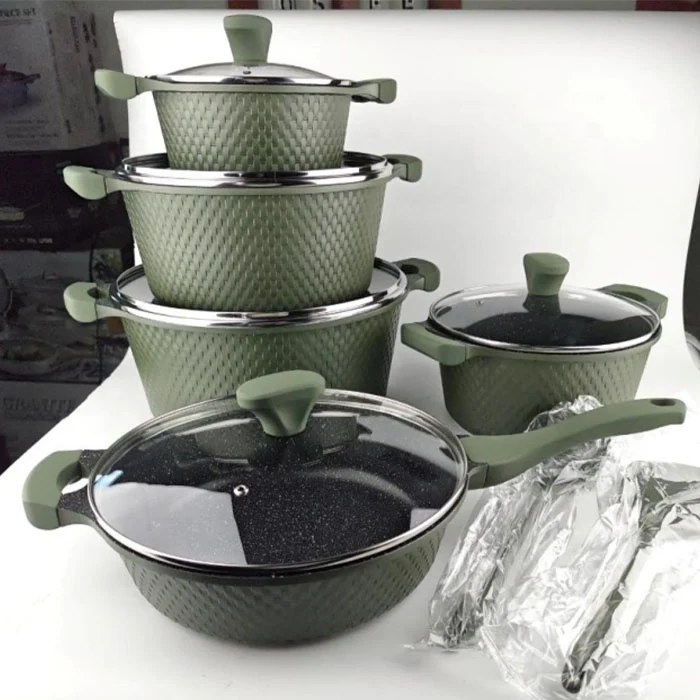 OSFE 12 PCS Aluminum Nonstick Granite Cookware Set (32, 28, 24, 20 cm Pots, 28 cm Pan with 2 Pcs of Utensil Tools) - Green