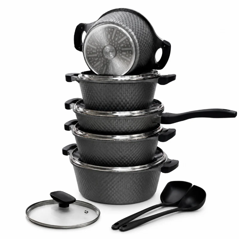 OSFE 12 PCS Aluminum Nonstick Granite Cookware Set (32, 28, 24, 20 cm Pots, 28 cm Pan with 2 Pcs of Utensil Tools) - Grey