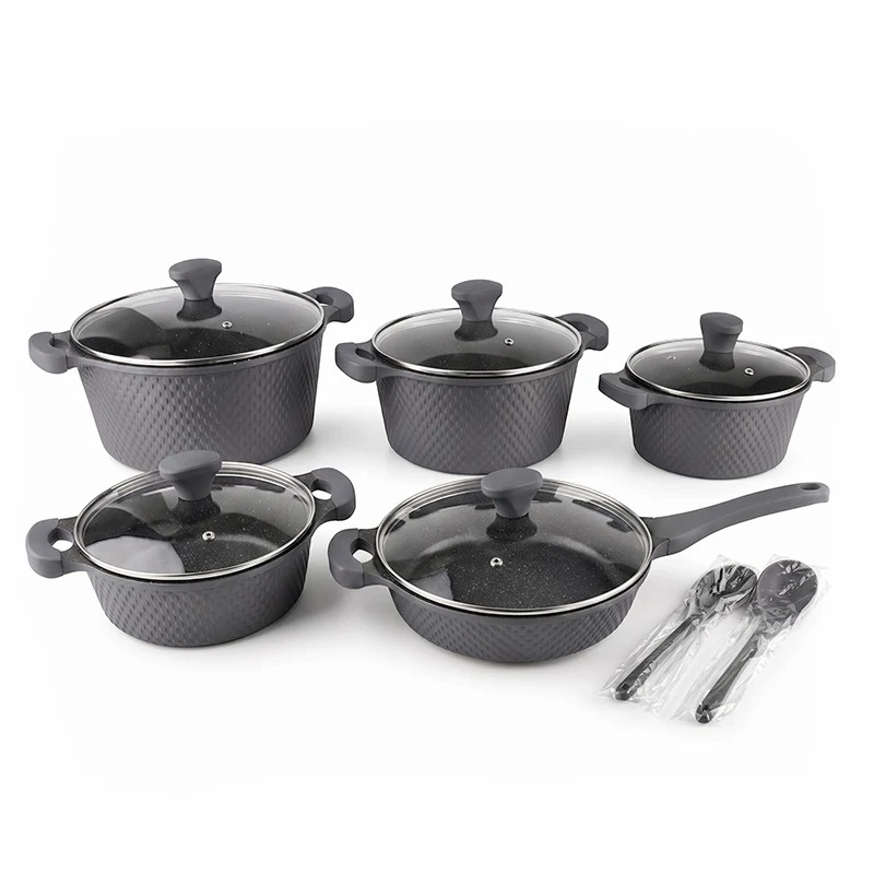 OSFE 12 PCS Aluminum Nonstick Granite Cookware Set (32, 28, 24, 20 cm Pots, 28 cm Pan with 2 Pcs of Utensil Tools) - Grey