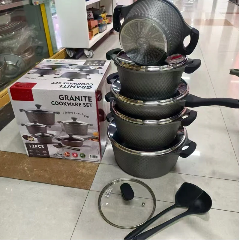 OSFE 12 PCS Aluminum Nonstick Granite Cookware Set (32, 28, 24, 20 cm Pots, 28 cm Pan with 2 Pcs of Utensil Tools) - Grey