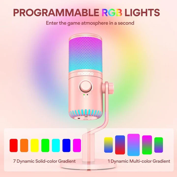 Maonocaster DM30 RGB Gaming Microphone for PC, USB Programmable Condenser Mic with RGB Lights - Pink